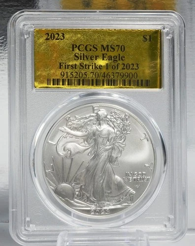 2023 American Silver Eagle PCGS Graded MS70 1st Strike Gold Foil Label 1 of 2023