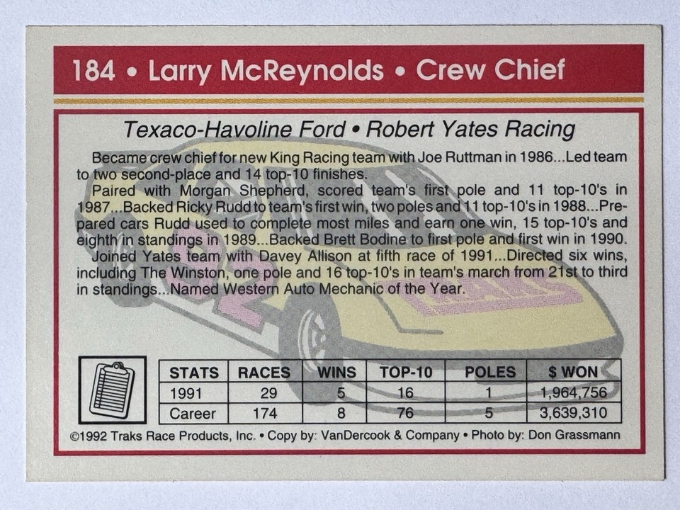 LARRY MCREYNOLDS Crew Chief HOF'er DAVEY ALLISON 1992 Traks Racing Card ...