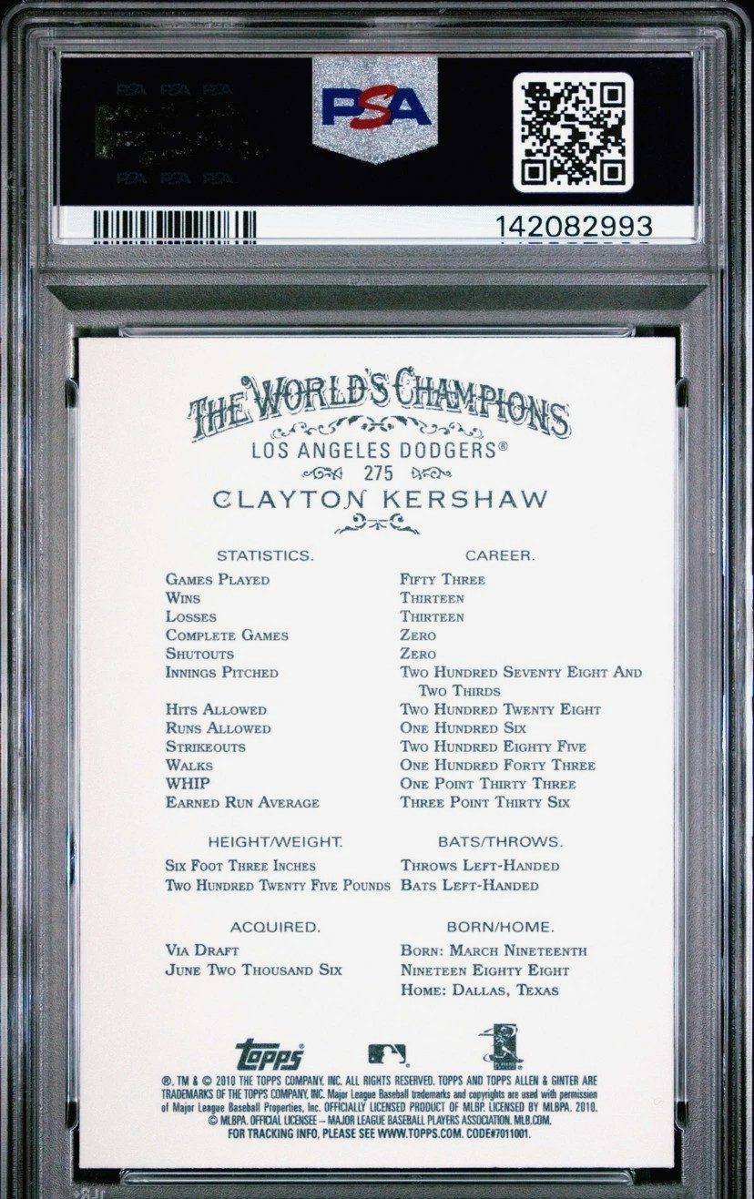 2010 TOPPS ALLEN & GINTER #275 CLAYTON KERSHAW DODGERS PSA 9 view 2