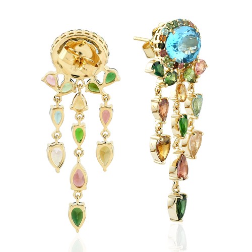 Multicolor Tourmaline Topaz Chandelier Earrings Women 18k Yellow Gold Jewelry - Picture 3 of 7