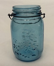 Frutta Del Prato Blue Glass Mason Jar W/Black Metal Handle Decoration VINTAGE