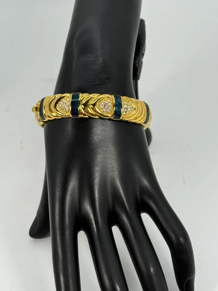 VTG Joan Rivers Signed Clamper Bracelet Boldtone Rhinestones & Navy Blue Enamel - Image 3 of 4
