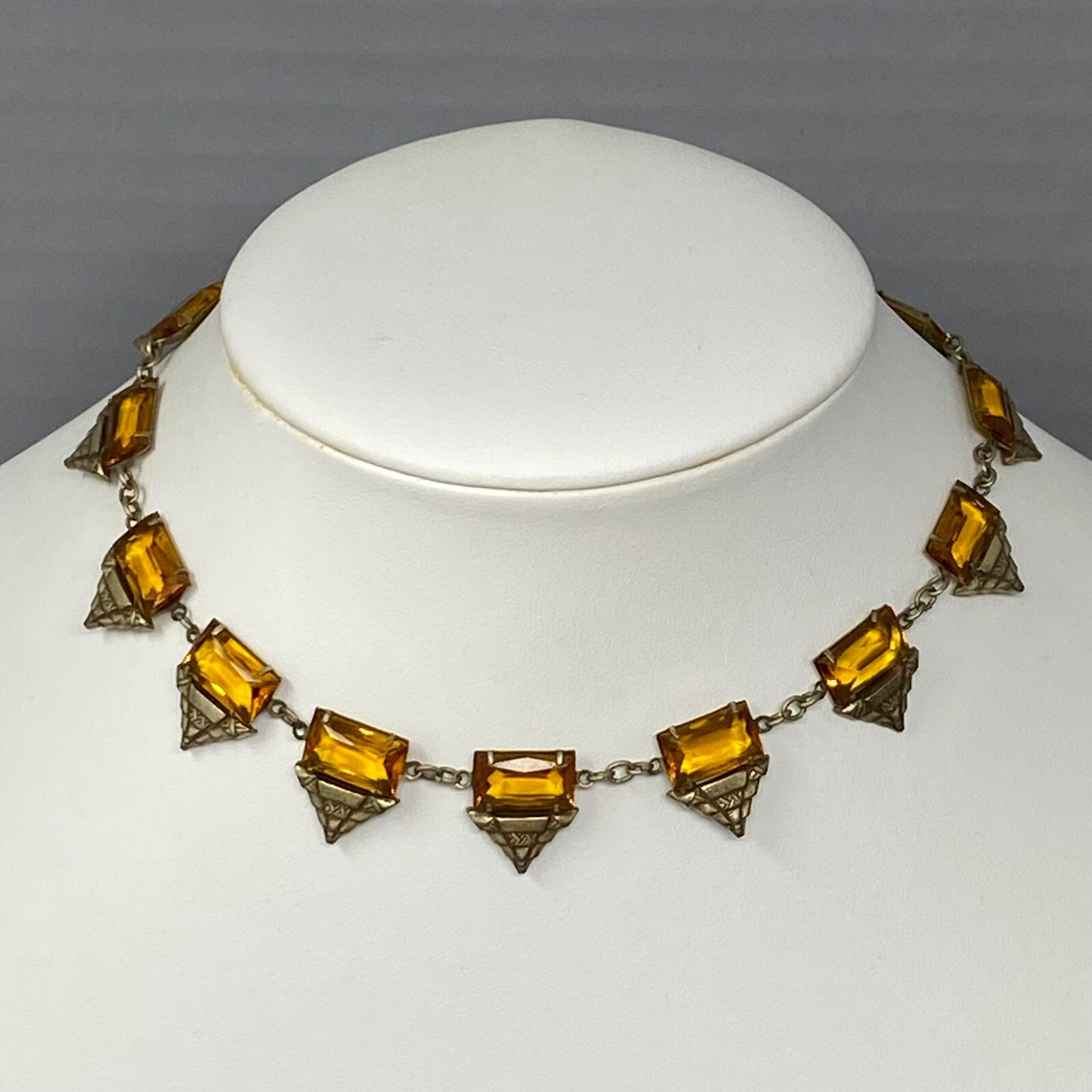 Vtg Art Deco Necklace Yellow Czech Glass Emerald Cut Rhinestones Fringe Choker