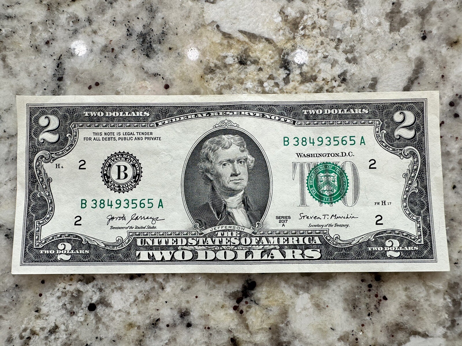 2 Dollar Bill 2017 Series A Green Seal