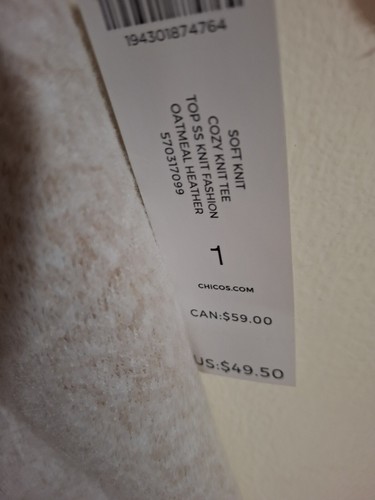 Chico's Size 1 Soft Knit Cozy Tee Oatmeal Heather Sleeve Elbow Length NWT - Picture 3 of 4