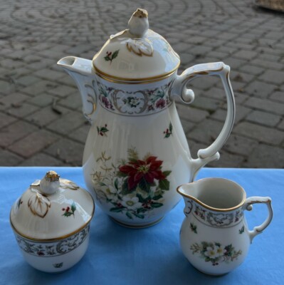 3 Pcs: Schumann Bavaria Dresden Christmas Flowers Coffee Server, Creamer, Sugar