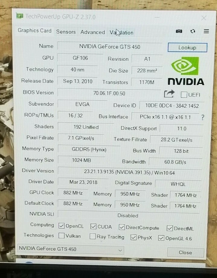 EVGA Nvidia GeForce GTS 450 1GB DDR5 Gaming Video Card dual DVI, HDMI PCI-e #R3C - Image 3 of 4