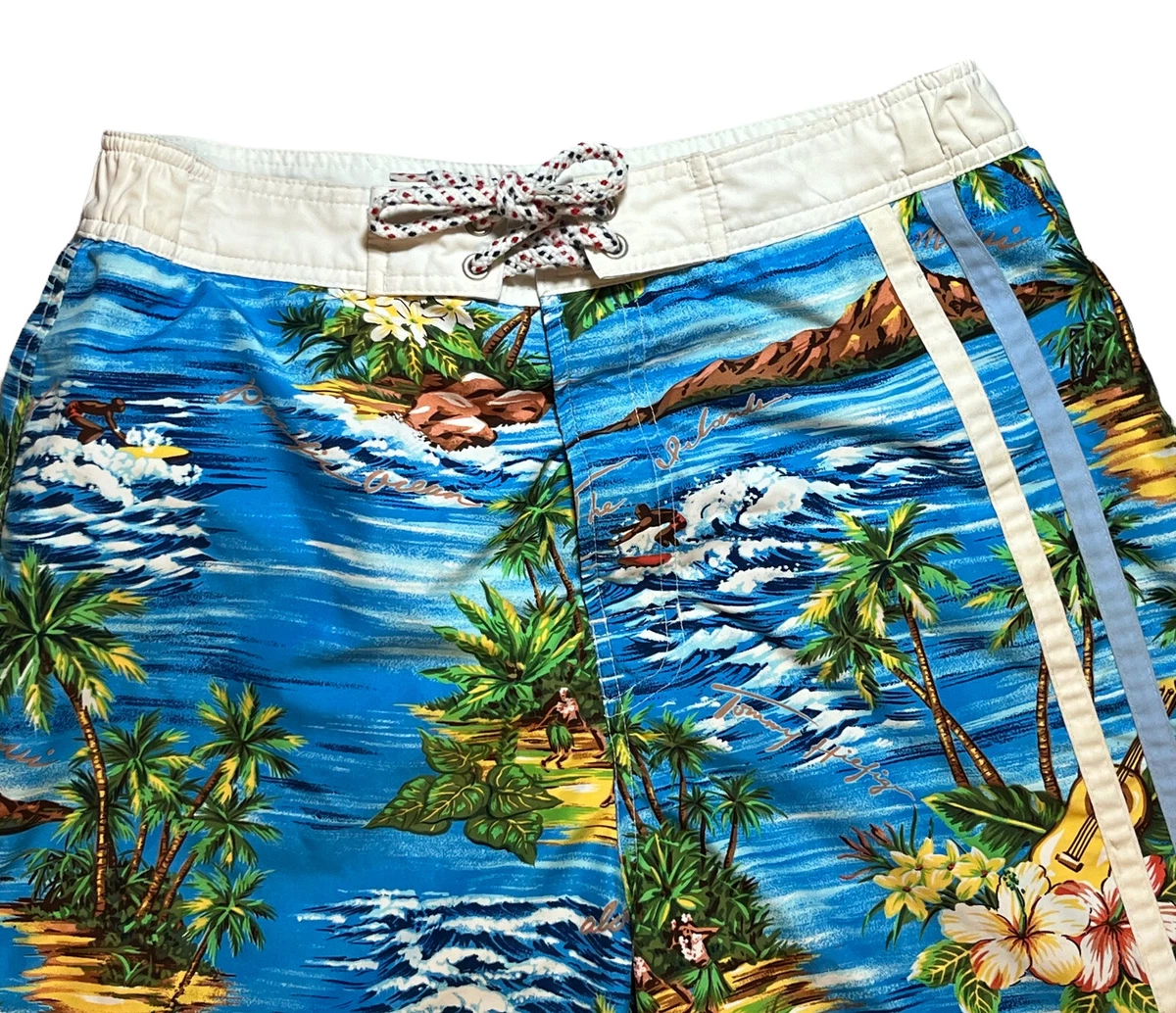 Tommy Hilfiger Mens Swim Trunks MEDIUM Lined Blue Palms Islands