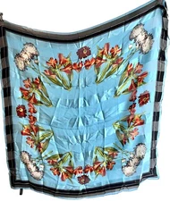 Kenneth Cole Women's Scarf Bright Blue Silk Orange & White Flowers Large 35”