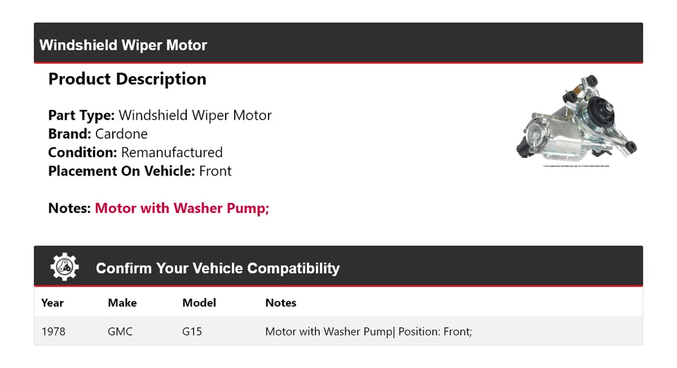 Para GMC G15 1978 limpiaparabrisas motor delantero cardone Foto 2 de 4