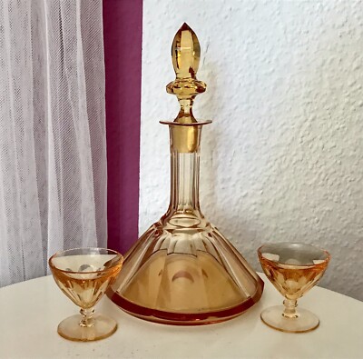 Antik Design Art Déco Kristallglas Burkert?  Posselt? 1 Karaffe 2 Gläser EDEL