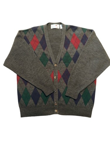 Florence Tricot Italy Mens Argyle Cardigan XL Charcoal Wool Grandpa Sweater - Picture 2 of 5