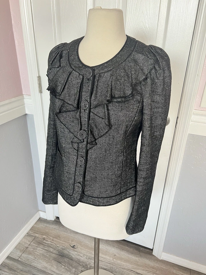Chaqueta Blazer para Mujer Rebecca Taylor Negra Gris con Volantes Talla 4 Lana Mezcla de Lino Foto 4 de 4