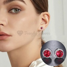 Red Crystal CZ Round Cut 925 Sterling Silver Women Fashion Ear Stud Earrings UK