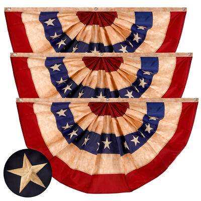 USA Tea Stained Pleated Fan Flag 3x6FT 3-Pack Embroidered Polyester