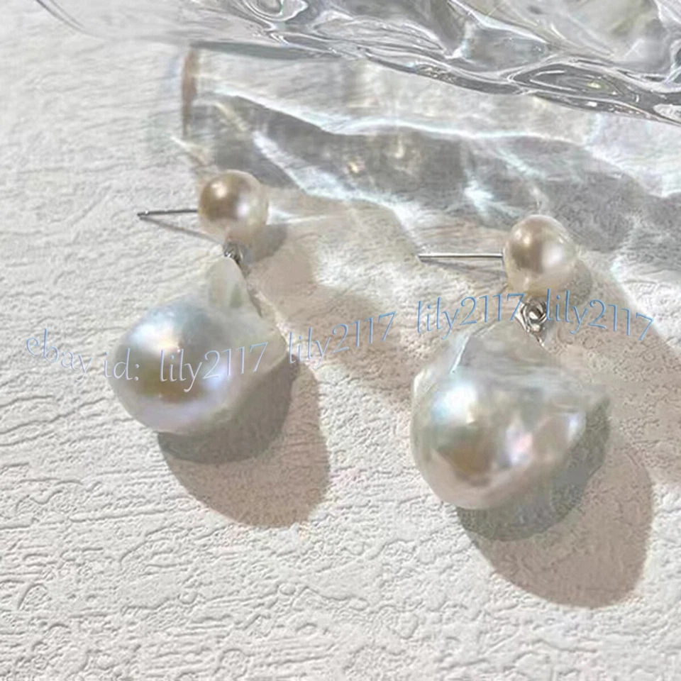 15-25MM REAL NATURAL WHITE FRESHWATER BAROQUE PEARL DANGLE SILVER STUD EARRINGS - Image 3 of 4