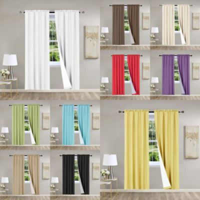 SOLID ROOM DARKENING BLACKOUT ROD POCKET LINED 2PC PANELS CURTAIN DECOR R64