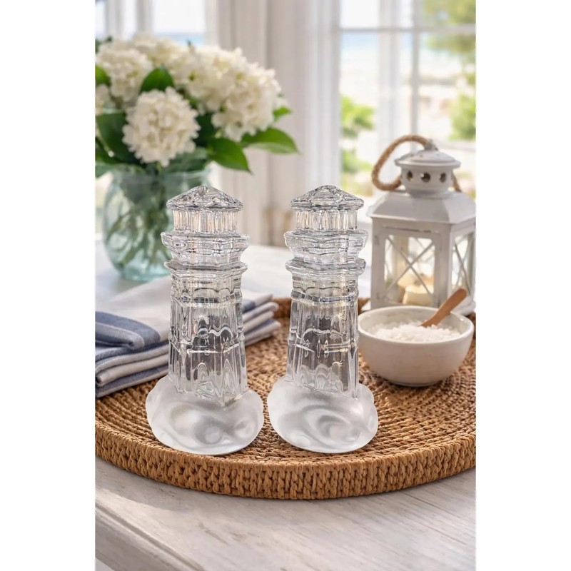 Vintage Lenox Full Lead Crystal Lighthouse Salt & Pepper Shakers, Frosted Base