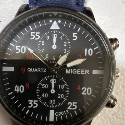 MiGEER G2013 Quartz Analog Wristwatch Black Dial Blue Leather Strap  (B10) 