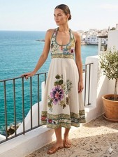 Rene Derhy Beige Blue Floral Dress Beaded Racerback Cotton Size Medium Womens