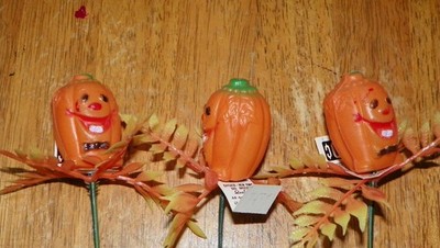 Lot of 3 Vtg Halloween JACK-O-LANTERN Pumpkin Blow Mold Floral Picks Cake Topper
