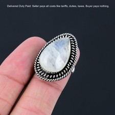 925 Sterling Silver Rainbow Moonstone Stone Trendy Promise Ring Jewelry Size 6.5