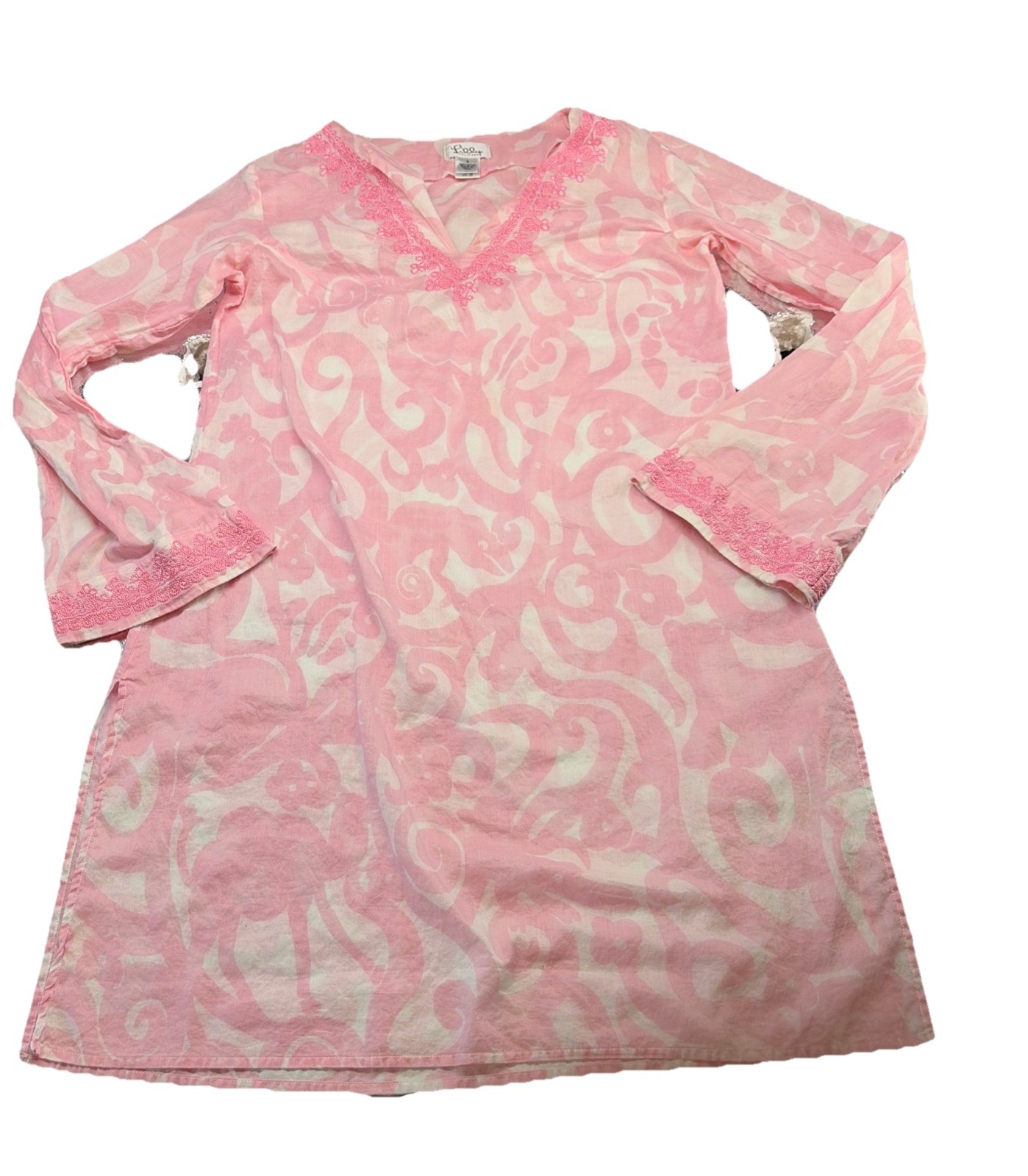 Lilly Pulitzer Size S Embroidered Cover up Tunic Dress Pink White Long Sleeve