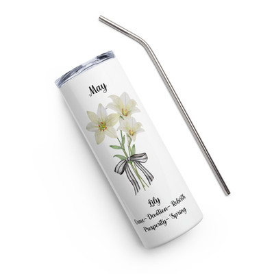 May White Lily Stainless Steel Skinny Water Drink Tumbler Lid Metal Straw 20 oz