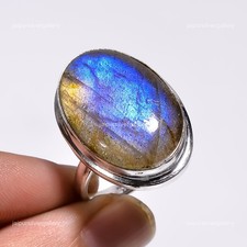 Oval Labradorite Gemstone Sterling Silver Statement Bezel Wedding Ring Size 10