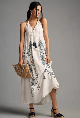 Farm Rio for anthropologie Embroidered Halter Maxi Dress XS Petite