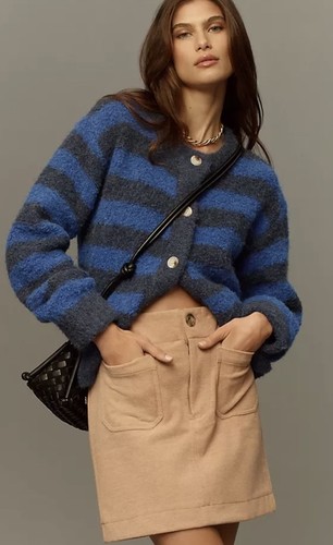 Anthropologie FRNCH Striped Blue Wool Mix Cardigan Jumper Size Medium - Picture 3 of 11