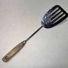 Vintage EKCO Chrome Platted Flat Flexible Slotted Spatula Wood Handle 11”