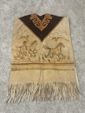 Vintage Suede Leather Fringe Poncho Western Horse Gomez Cowboy Mexican