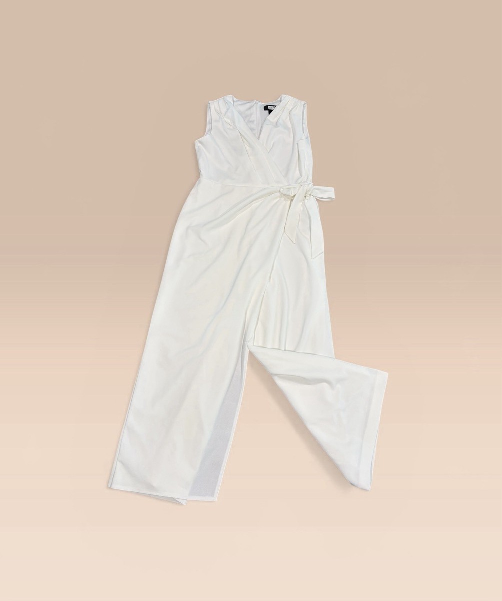 DKNY White Elegant Sleeveless Wide Leg Jumpsuit With V Neck and