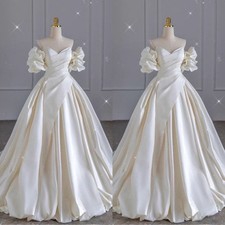 Elegant Satin Wedding Dresses Off the Shoulder A Line Puff Sleeves Bridal Gowns