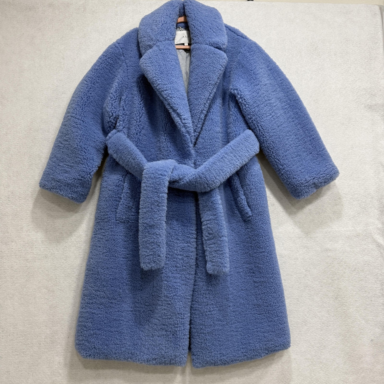 A.L.C. Coat Womens Large Blue Faux Fur Teddy Long Belted Overcoat Shawl Collar