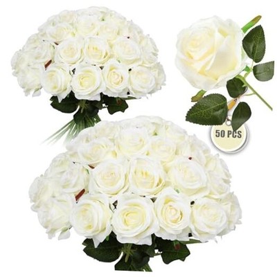 50PCS Artificial Silk Roses in Bulk & Bouquet Long Stem   Realistic Fake Roses 