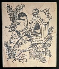 Northwoods Rubber Stamp Bird House Birds Snow Pine and Holly Berries Christmas