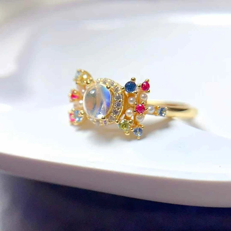 Natural Moonstone Ring Candy Colors 925 Sterling Silver Floral Jewelry - Image 2 of 4