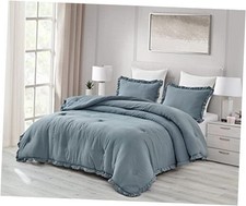 Nora Dusty Blue Comforter Set 3-Piece Oversized Queen Dusty Blue, Ruffled Edge