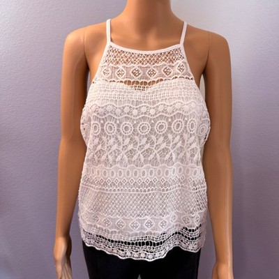 rue21 Womens XL White Floral Crochet Lace Halter Tank Top  Boho Sleeveless