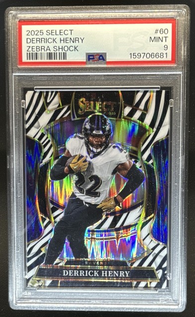 2025 Panini Select Derrick Henry Concourse Zebra Prizm Shock #60 Ravens PSA 9