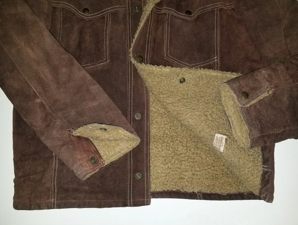 Vtg 70s Split Cowhide Leather Sherpa Jacket Brown Towncraft Rancher Mens 42 - Image 3 of 4