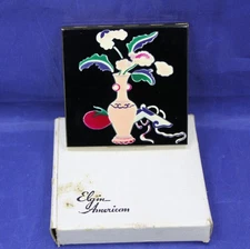 Vintage Elgin American Powder Compact. Un-Used. Black Enamel w/Flower Vase