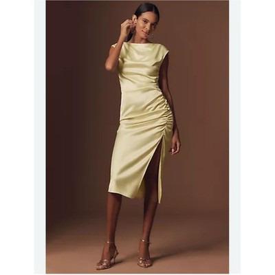 BHLDN Anthropologie Francesca High Neck Stretch Satin Midi Dress Cream Formal XL