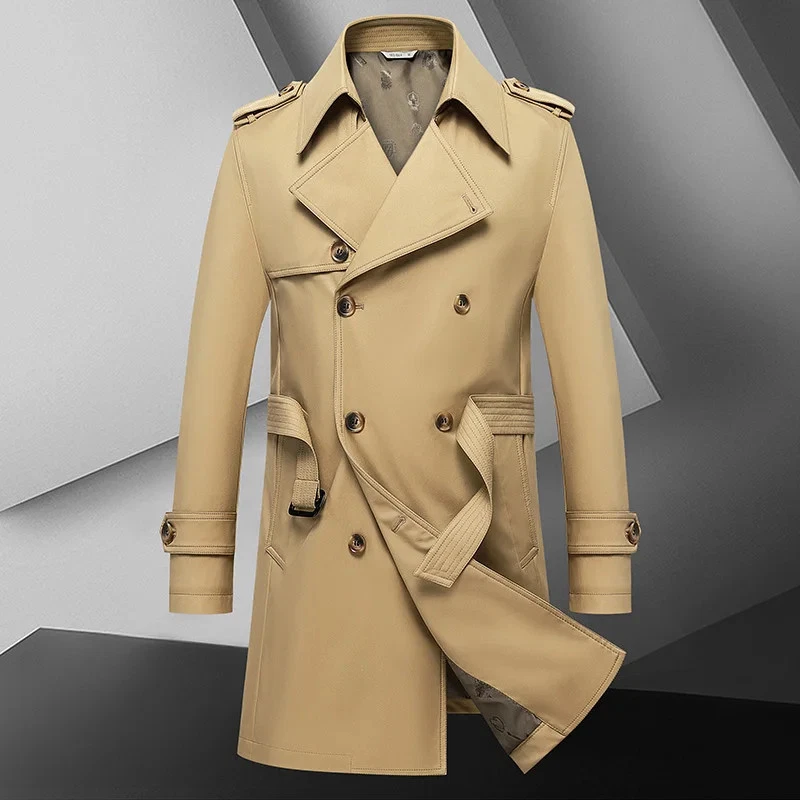 Autumn New Men's Medium Long Windbreaker Coat Double breasted British style Coat