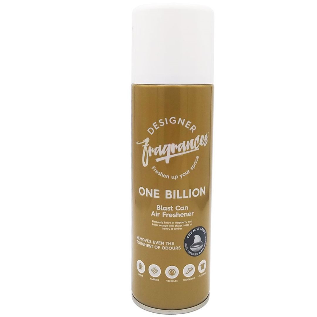 Designer Frangrances Blast Can, One Billion, remove odours, sanitise air, 2 cans
