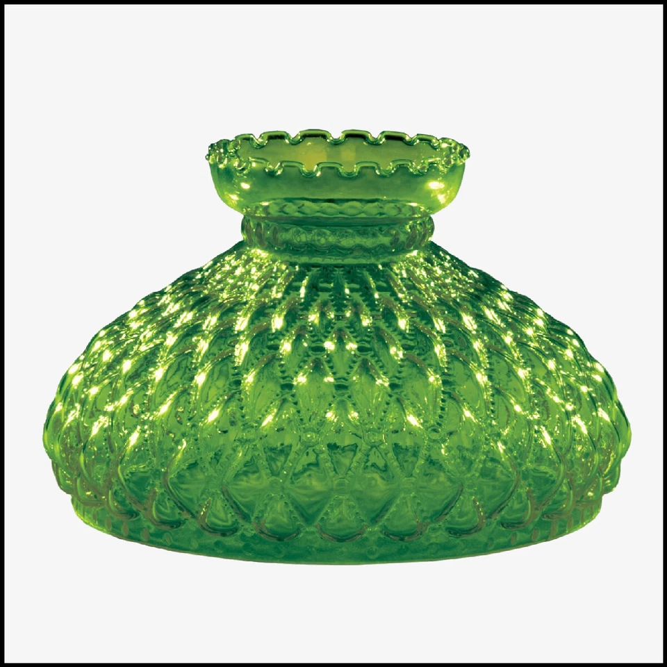 H & H 10 in GREEN DIAMOND QUILT GLASS SHADE fits ALADDIN LAMPS, RAYO, B&H, P&A & More