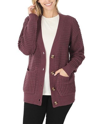 Zenana Waffle-Knit V-Neck Long-Sleeve Pocket Cardigan Eggplant Size Medium NWOT | eBay