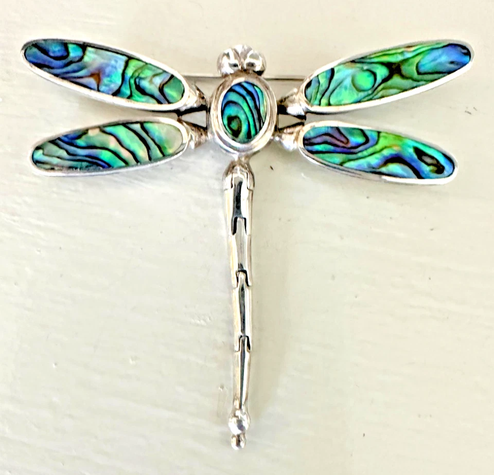 Винтажный. БОЛЬШАЯ БРОШЬ ИЗ СТЕРЛИНГОВОГО СЕРЕБРА И АБАЛОНА С ДВИЖУЩИМСЯ ХВОСТОМ СТРЕКОЗЫ 2,75 дюйма x 2,5 дюйма